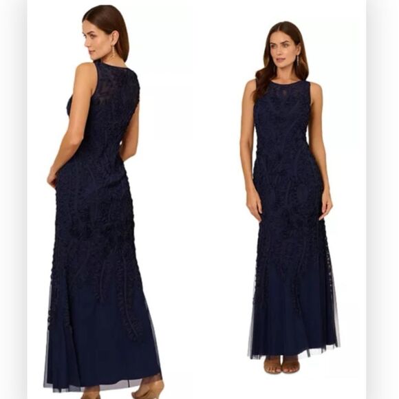 Adrianna Papell AP1E211837 Ruffled Evening Soutache Ribbon Embroidered Gown $349